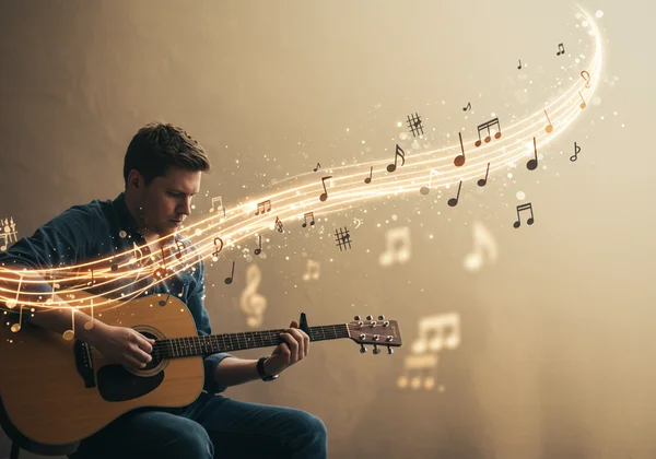 Abstract person with guitar and flowing musical ideas