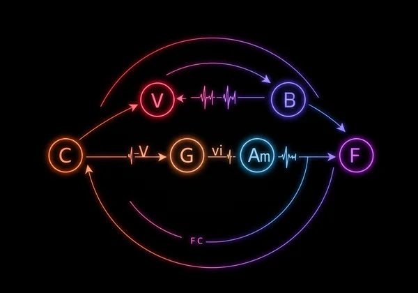 Circle of Fifths showing the C-G-Am-F chord progression path.