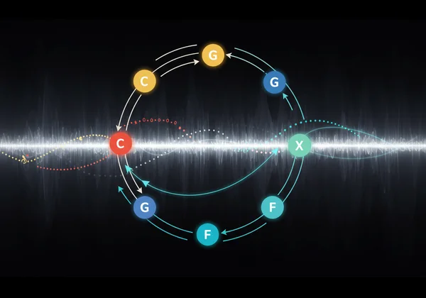 Arrows show movement on Circle of Fifths for key changes