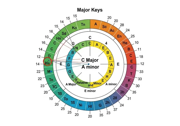 Circle of fifths showing key signatures and relative minors