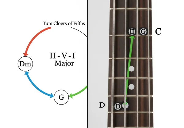 ii-V-I progression on bass fretboard and circle